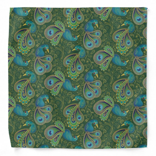 Peacock Paisley Pattern Green Bandana (Front)