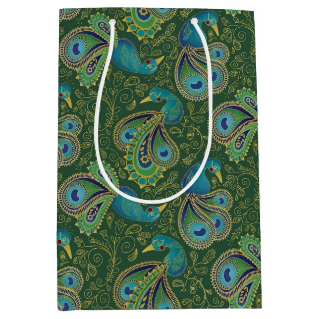 Peacock Paisley Pattern Green Medium Gift Bag (Front)