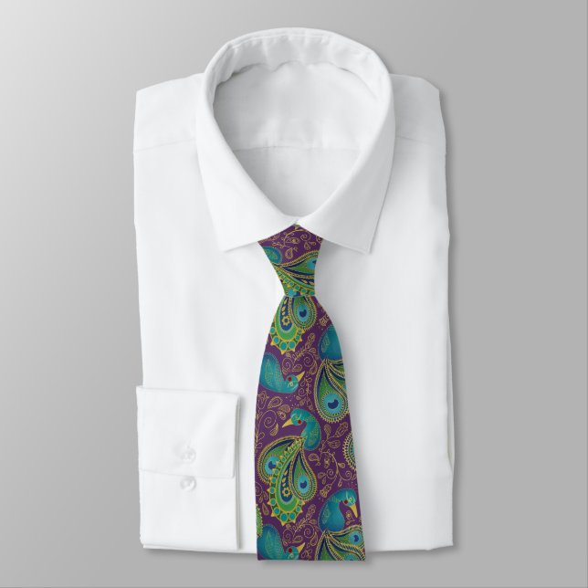 Peacock Paisley Pattern Purple Neck Tie (Tied)
