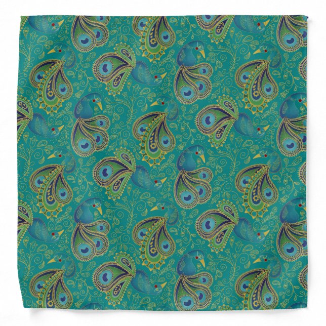 Peacock Paisley Pattern Teal Bandana (Front)