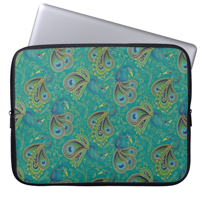 Peacock Paisley Pattern Teal Laptop Sleeve (Front)