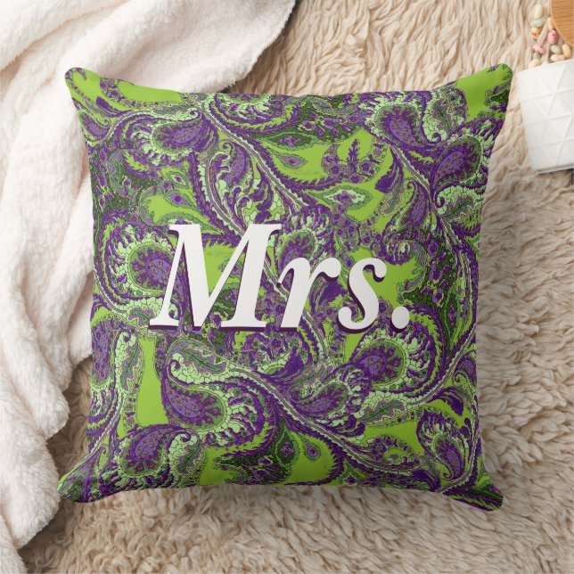 Peacock Paisley Purple and Green Brides Throw Pillow (Blanket)