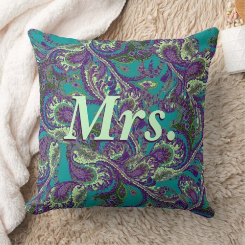 Peacock Paisley Purple and Green Brides Throw Pillow