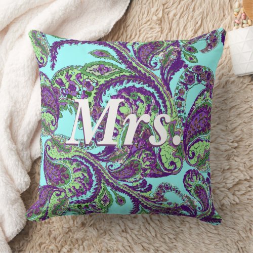 Peacock Paisley Purple and Green Brides Throw Pillow