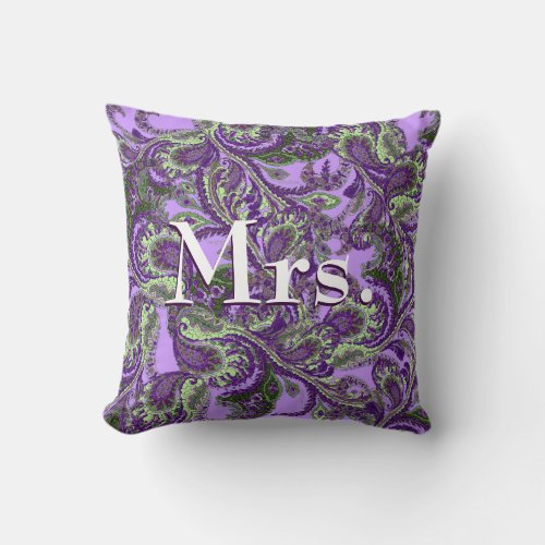Peacock Paisley Purple and Green Brides Throw Pillow