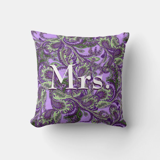 Peacock Paisley Purple and Green Brides Throw Pillow (Front)