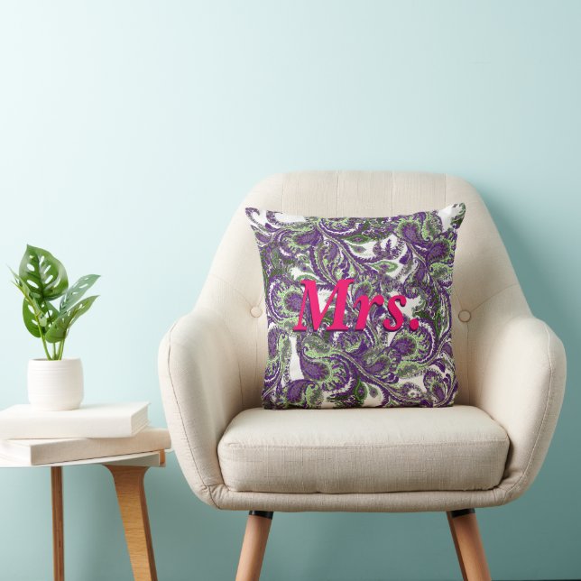 Peacock Paisley Purple and Green Brides Throw Pillow (Chair)