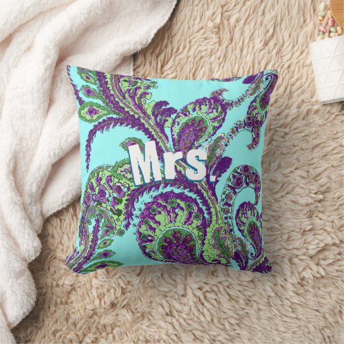 Peacock Paisley Purple and Green Choose Colors Throw Pillow