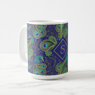 Peacock Paisley Royal Blue Monogram Coffee Mug