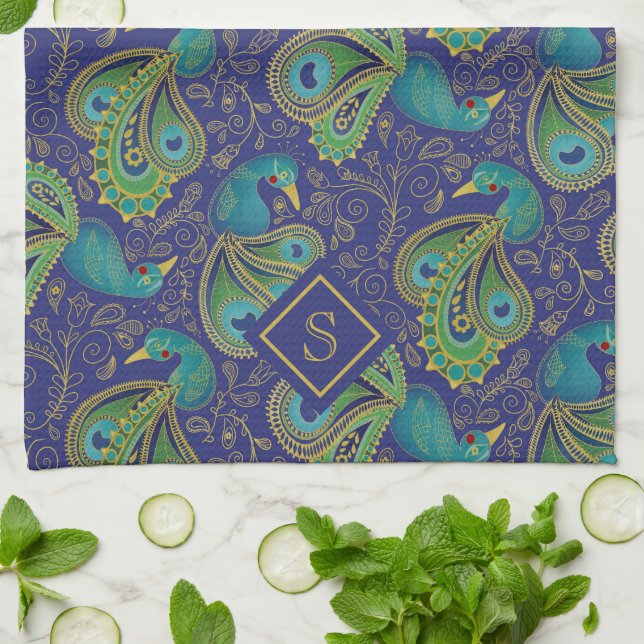 Peacock Paisley Royal Blue Monogram Kitchen Towel (Folded)