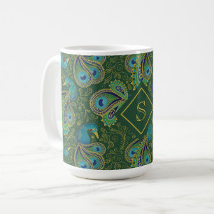 Peacock Paisley Royal Green Monogram Coffee Mug