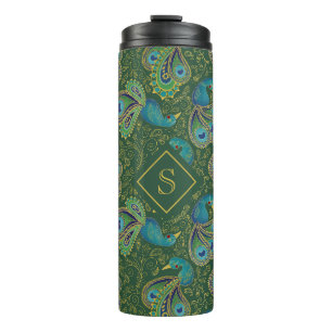 Peacock Paisley Royal Green Monogram Thermal Tumbler