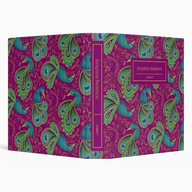 Peacock Paisley Royal Pink Fuchsia Monogram 3 Ring Binder (Background)