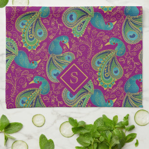 Peacock Paisley Royal Pink Fuchsia Monogram Kitchen Towel