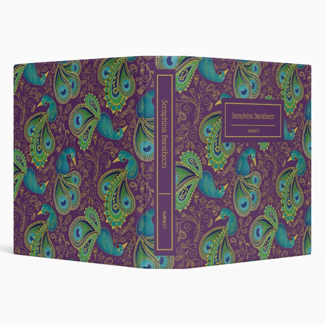 Peacock Paisley Royal Purple Monogram 3 Ring Binder (Background)