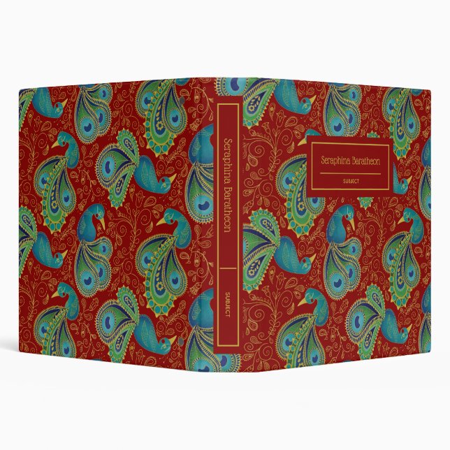 Peacock Paisley Royal Red Monogram 3 Ring Binder (Background)