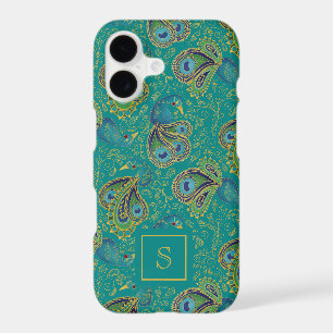 Peacock Paisley Royal Teal Monogram iPhone 17 Case