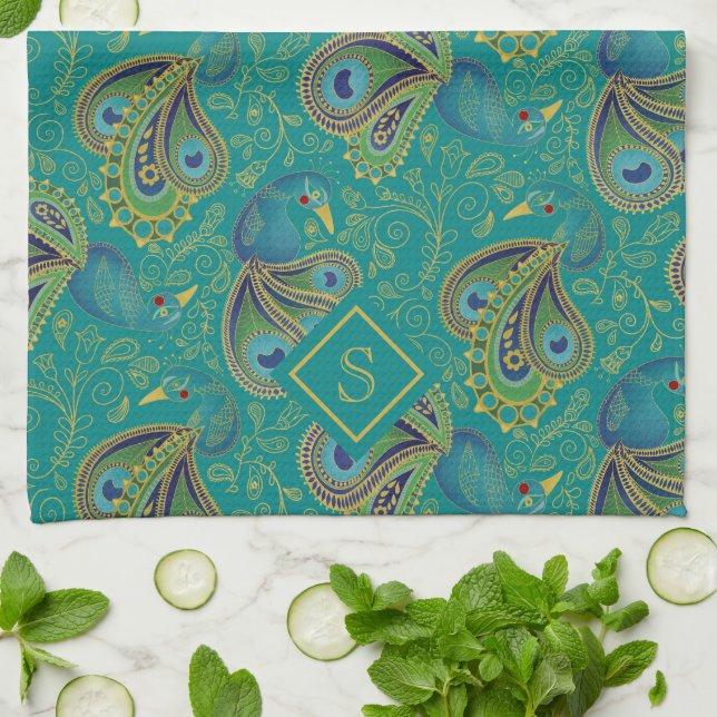 Peacock Paisley Royal Teal Monogram Kitchen Towel (Folded)