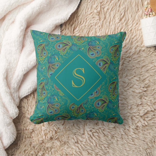 Peacock Paisley Royal Teal Monogram Throw Pillow (Blanket)