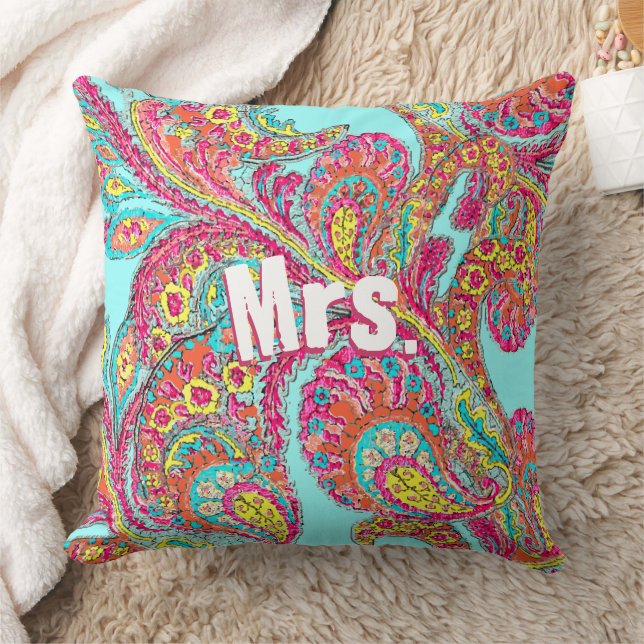 Peacock Paisley Tangerine Mustard Yellow Brides Throw Pillow (Blanket)