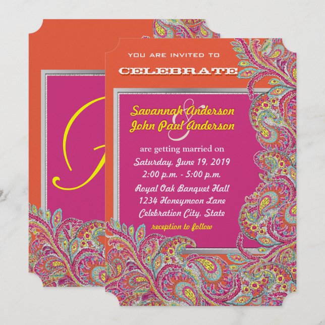 Peacock Paisley Tangerine Mustard Yellow Fuchsia Invitation (Front/Back)
