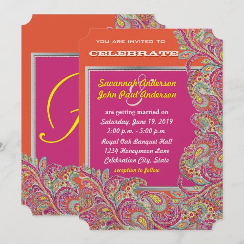 Peacock Paisley Tangerine Mustard Yellow Fuchsia Personalized Invites