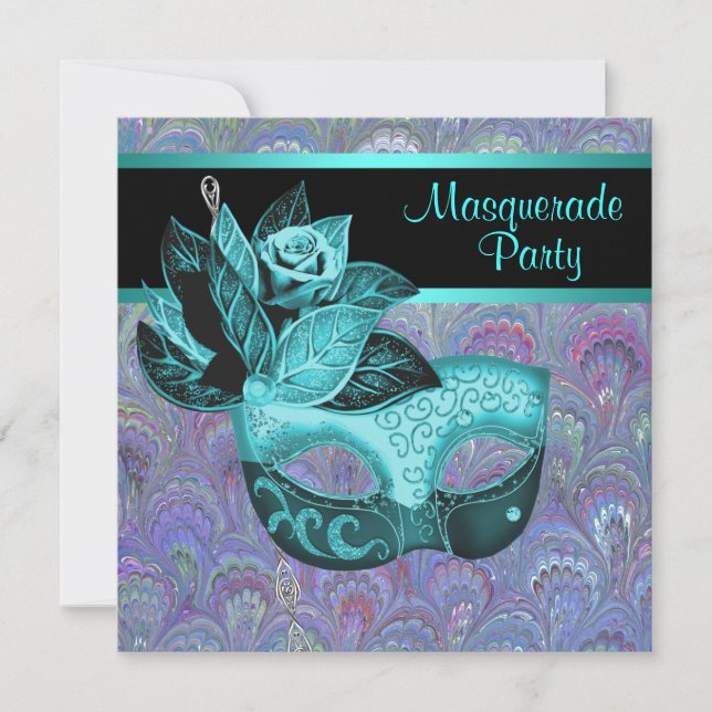 Peacock Paisley Teal Blue Purple Masquerade Party Invitation (Front)