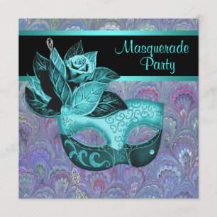 Peacock Paisley Teal Blue Purple Masquerade Party Invitation