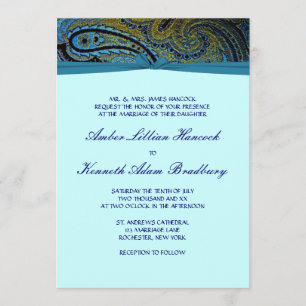 Peacock Paisley Teal Blue Wedding Invitations