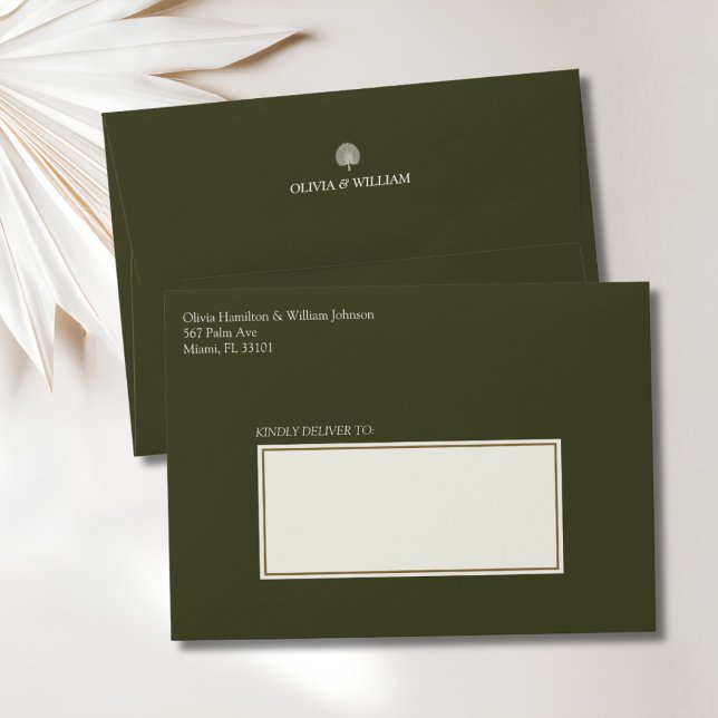 Peacock Palm Wedding Envelope (Peacock Palm olive green wedding envelope with return address and personalized back flap)