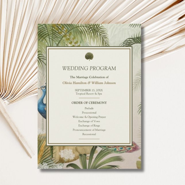 Peacock Palm Wedding Program (Peacock Palm wedding program with personalized ceremony order, couple’s names and wedding date)