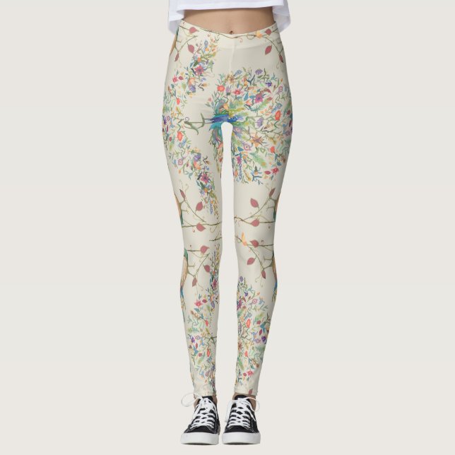Peacock Pattern, Beautiful  Tropical Floral Leggings (Front)