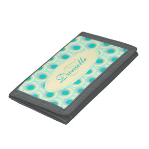 Peacock patterned aqua mint add your name tri-fold wallet