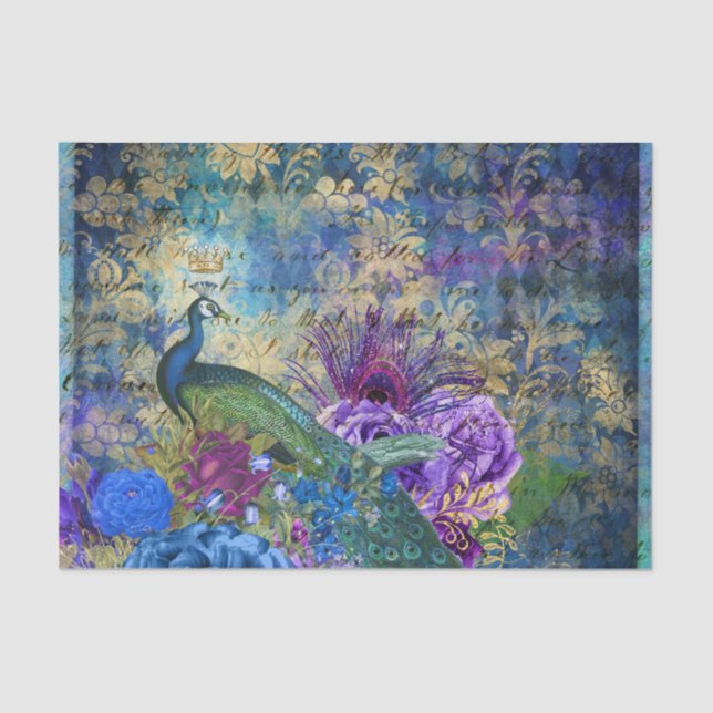 Peacock Peacocks Decoupage Blue & Purple Flowers  Tissue Paper (Front)
