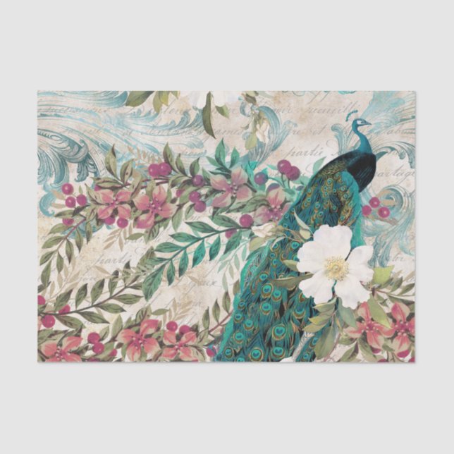 Peacock Peacocks Decoupage Pink Flowers Elegant Tissue Paper (Front)