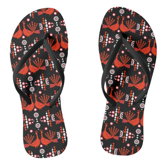 Peacock Peafowl Bird Folk Art  Thongs Flip Flops (Footbed)