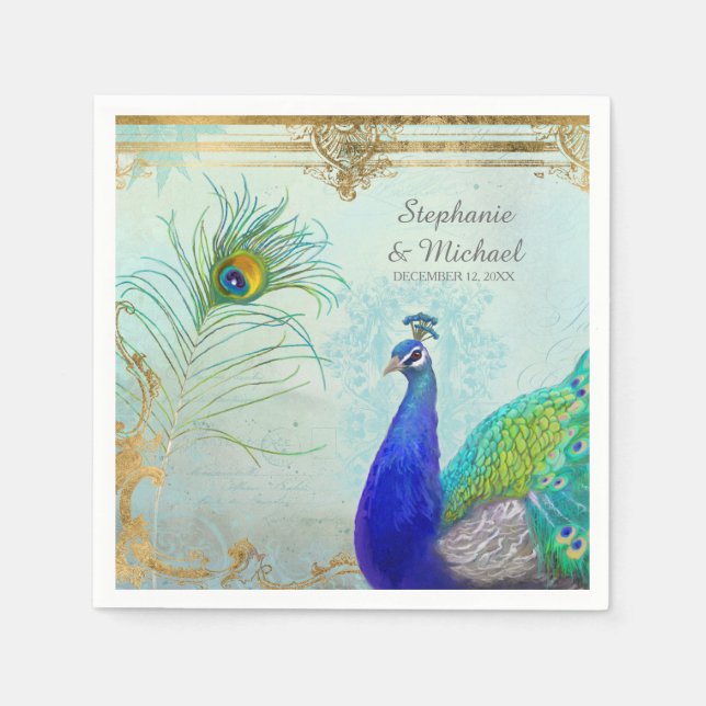 Peacock Peafowl Tail Feathers Faux Gold Leaf Swirl Paper Napkins (Front)