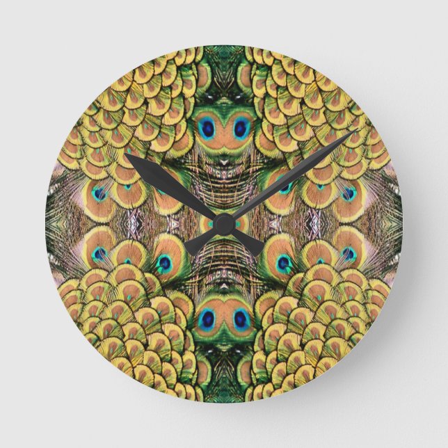 Peacock Peahen Peafowl Feathers Colorful Mirror Round Clock (Front)