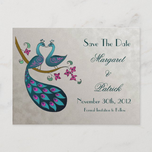 Peacock-Peahen Save the Date Postcard, silver Announcement Postcard (Front)