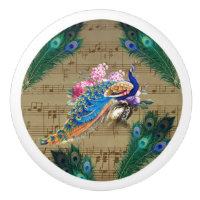 Peacock & Pecock Feathers W/Music Paper Ceramic Knob