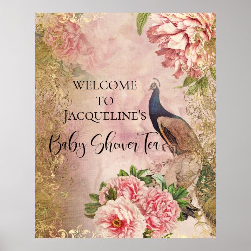 Peacock Peony Floral Blush Pink Gold Decoupage Tis Poster