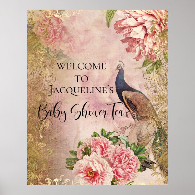 Peacock Peony Floral Blush Pink Gold Decoupage Tis Poster (Front)