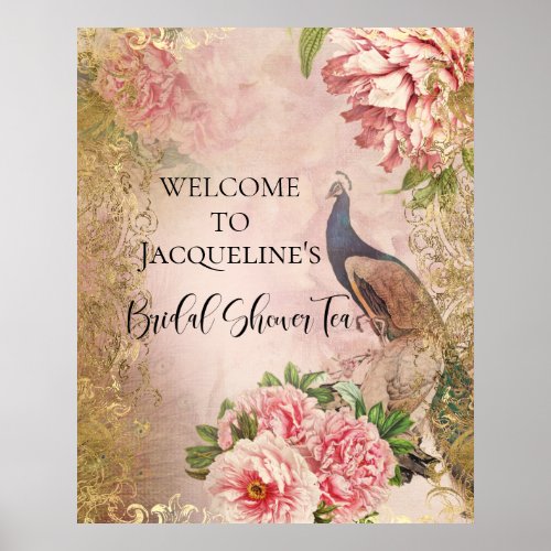 Peacock Peony Floral Pink Gold Bridal Shower Tea Poster