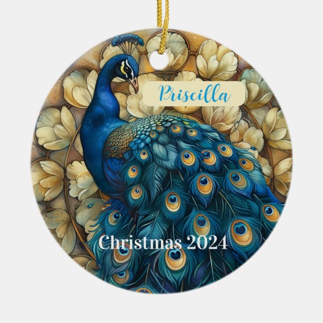 Peacock Personalized Christmas Ornament (Front)