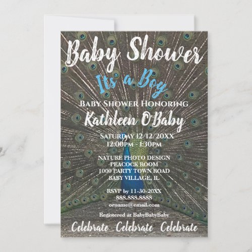 PEACOCK PHOTO BABY BOY SHOWER INVITATION