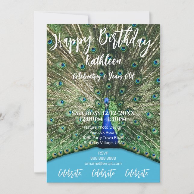 PEACOCK PHOTO BLUE HAPPY BIRTHDAY INVITATION (Front)