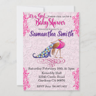 Peacock pink floral Baby shower invitation