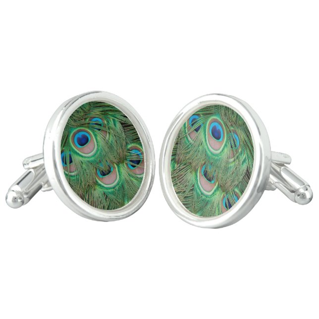 Peacock plumage cufflinks (Angled)