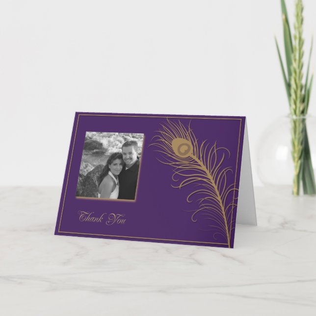 Peacock Plume in Gold and Plum Thank You card (Front)