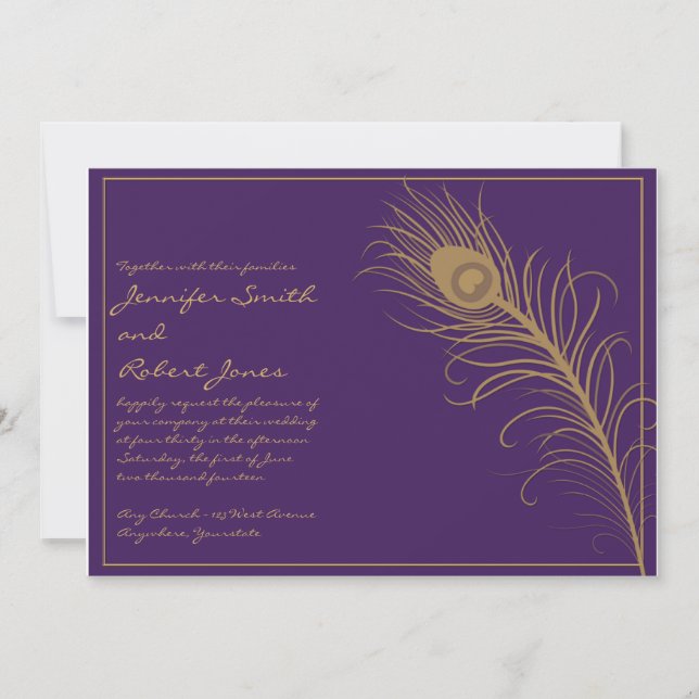 Peacock Plume in Gold and Plum Wedding Invitation (Front)